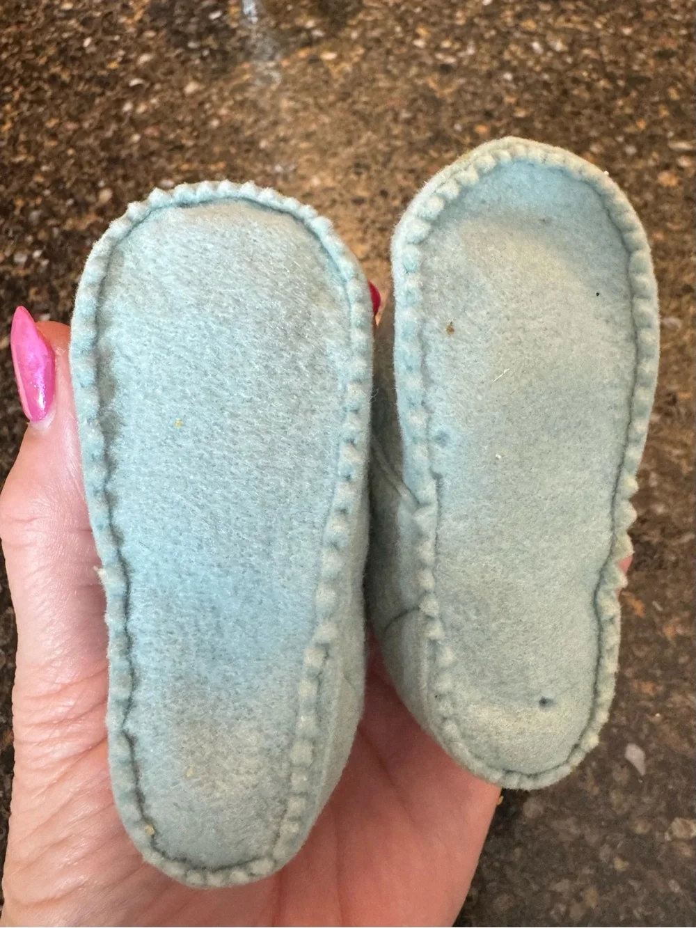 Vintage 1950’s Light Blue Wool Baby Booties with Pink Floral Hand Embroidery